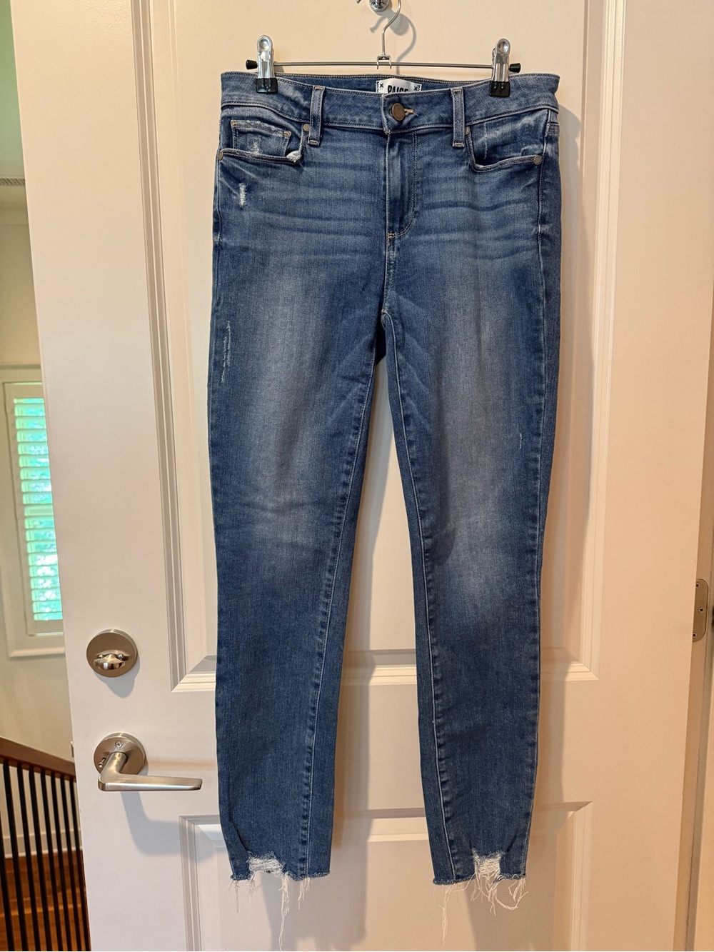PAIGE “Verdugo Ankle” Distressed Cropped Skinny Jeans with Raw, Frayed Ankle